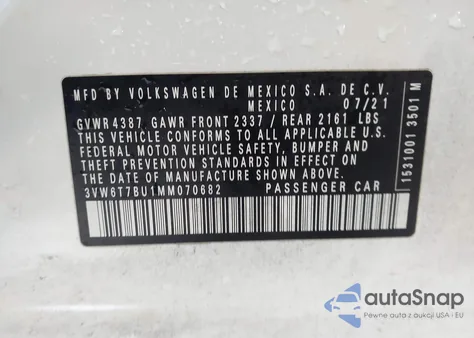 2021 Volkswagen Jetta Gli 2.0T Autobahn/2.0T S z USA, uszkodzony, nr VIN 3VW6T7BU1MM070682